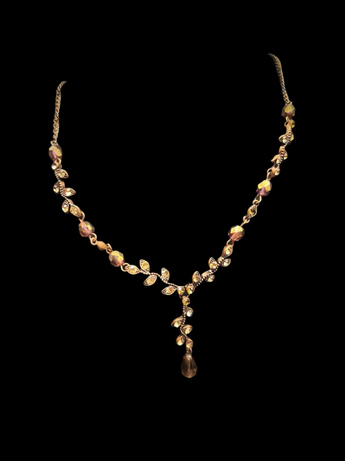 Rare Austrian Crystal Vintage Y - drop Necklace & Box, Bronze Coloured Jewellery