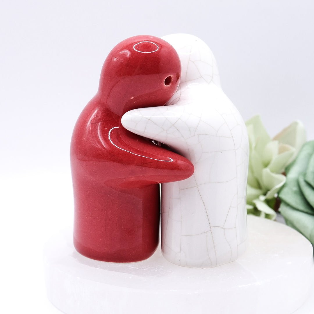 Red & White Hugging Ghosts Vintage Ceramic Salt & Pepper Shakers