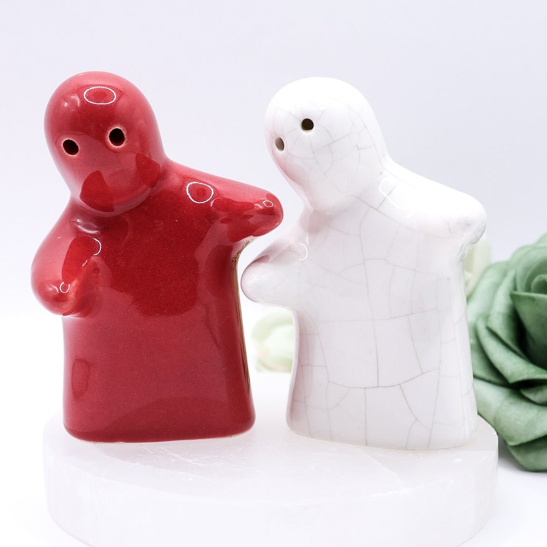 Red & White Hugging Ghosts Vintage Ceramic Salt & Pepper Shakers