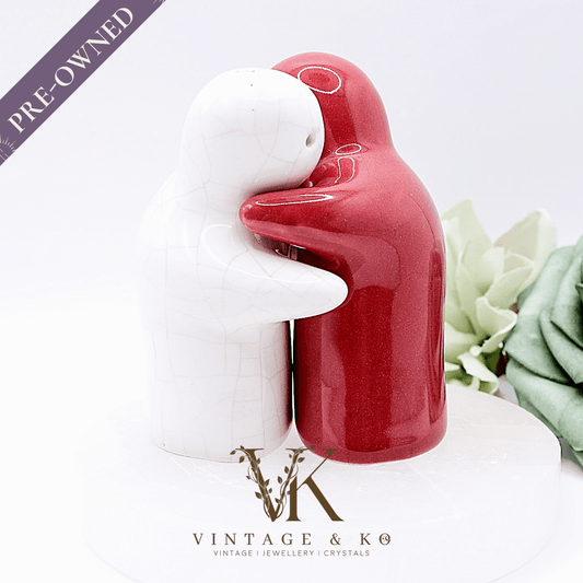Red & White Hugging Ghosts Vintage Ceramic Salt & Pepper Shakers