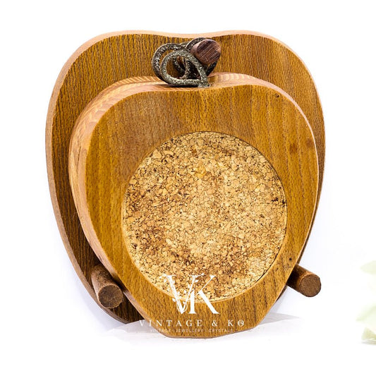 Rustic Wooden Apple Coasters Set of 6, Cork Backed With Leather Strap and Stand