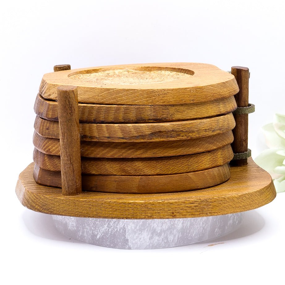 Rustic Wooden Apple Coasters Set of 6, Cork Backed With Leather Strap and Stand