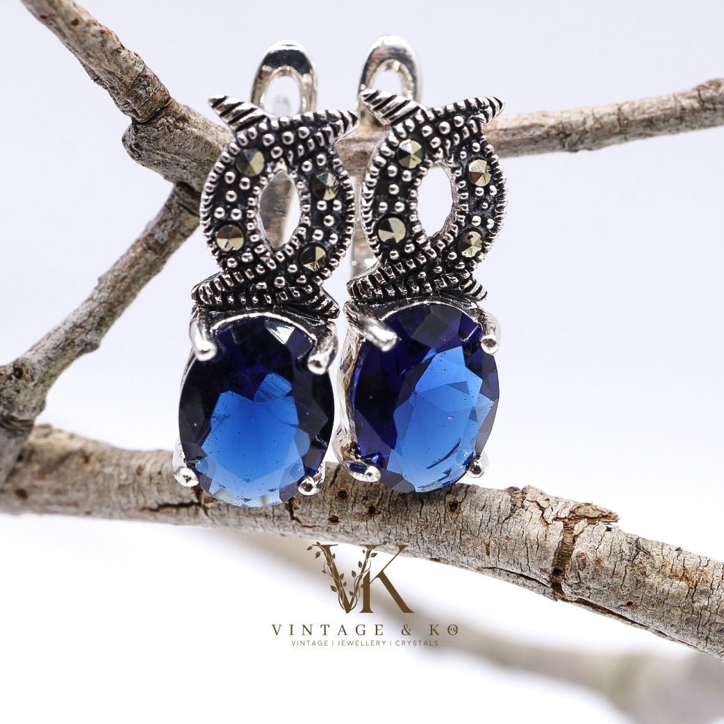Sapphire Blue & Marcasite Earrings | .925 Sterling Silver