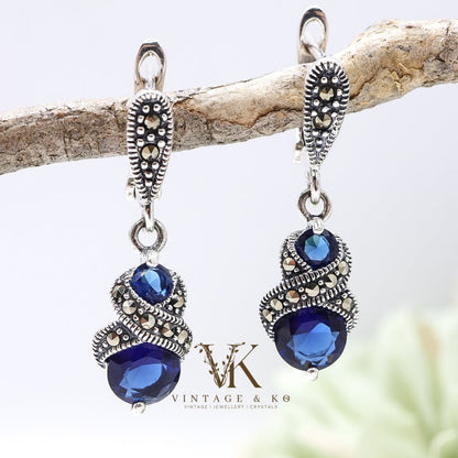Sapphire Blue & Marcasite Earrings | .925 Sterling Silver