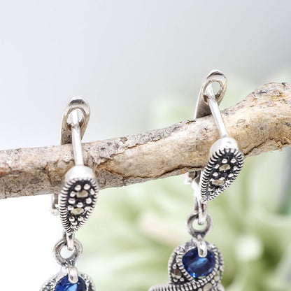 Sapphire Blue & Marcasite Earrings | .925 Sterling Silver