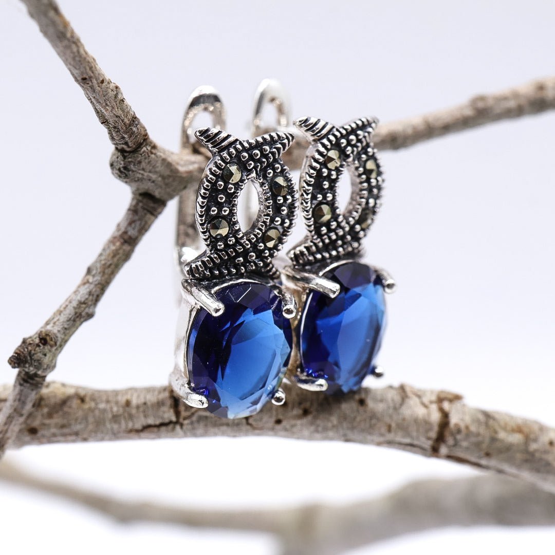 Sapphire Blue & Marcasite Earrings | .925 Sterling Silver