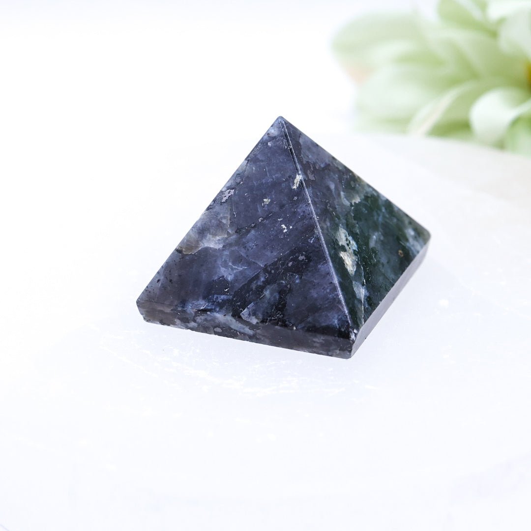 Small Larvikite Pyramid - With Flash | 1.5cm