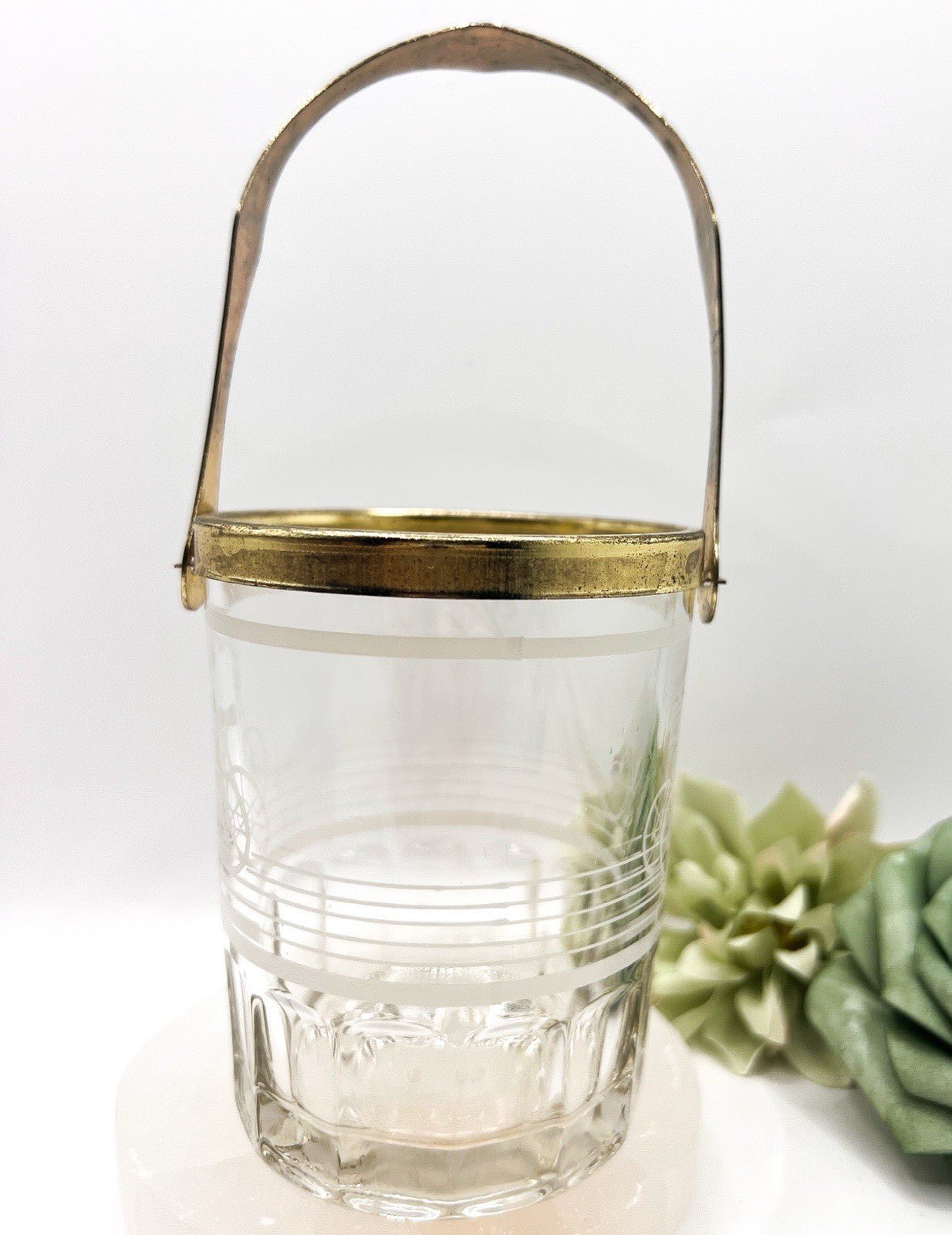 Small Valentini Glass Ice Bucket w/ Tongs & Handle Hand Cut Italian Design