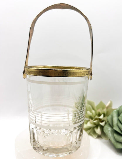 Small Valentini Glass Ice Bucket w/ Tongs & Handle Hand Cut Italian Design