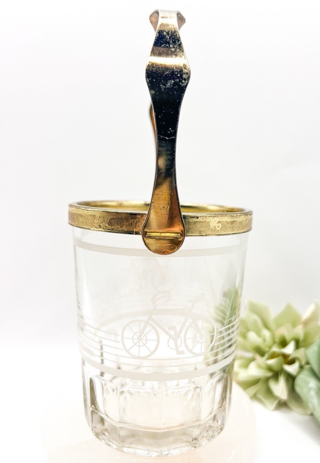 Small Valentini Glass Ice Bucket w/ Tongs & Handle Hand Cut Italian Design