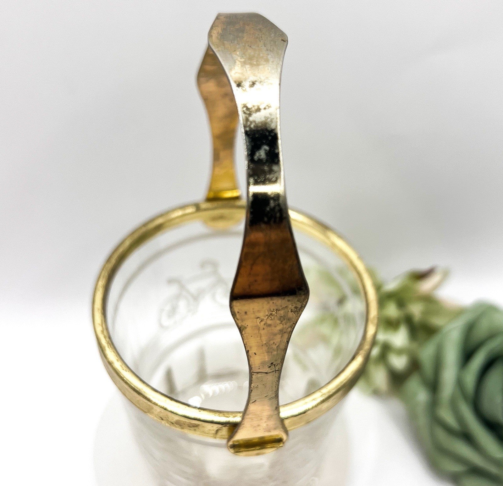 Small Valentini Glass Ice Bucket w/ Tongs & Handle Hand Cut Italian Design