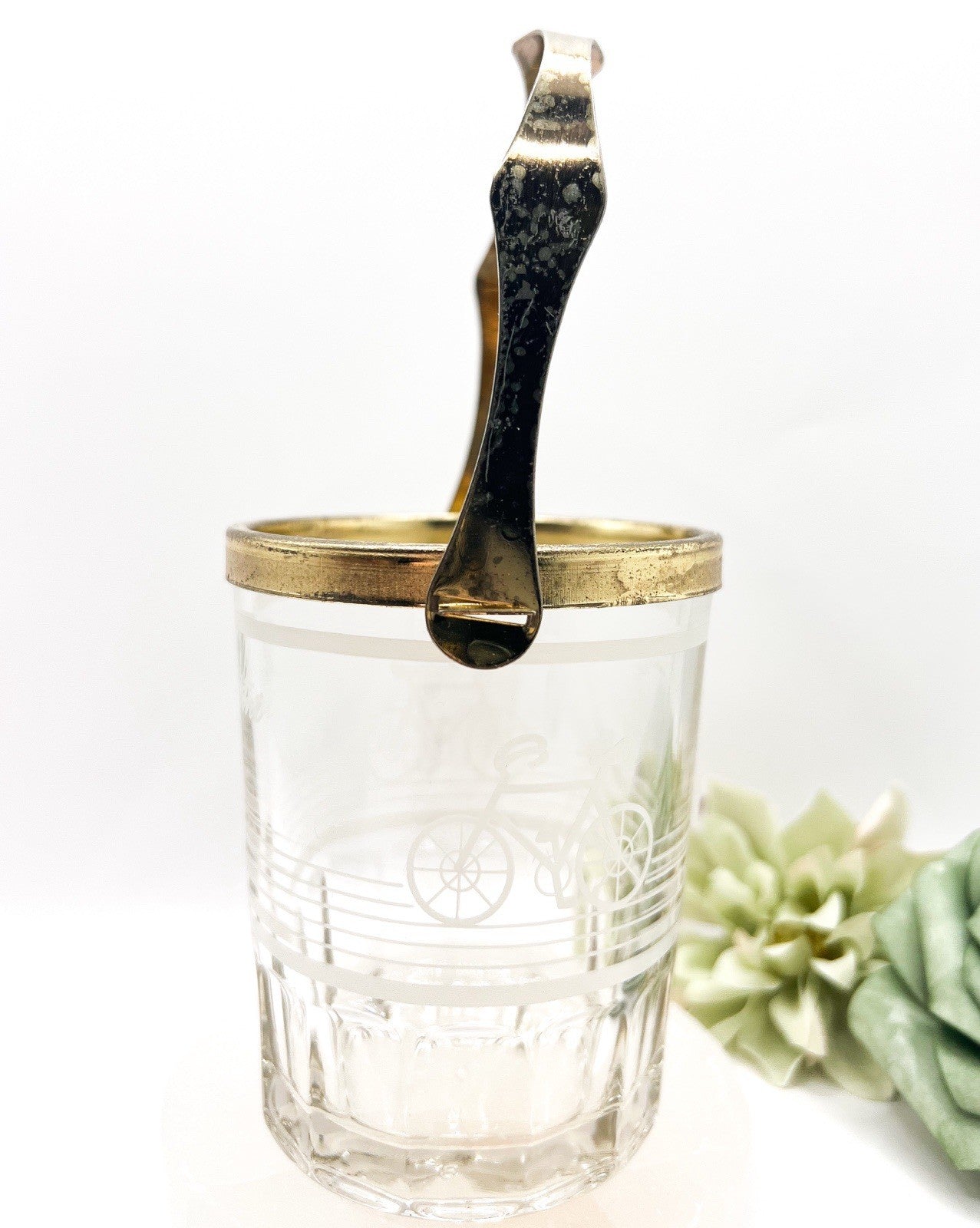 Small Valentini Glass Ice Bucket w/ Tongs & Handle Hand Cut Italian Design