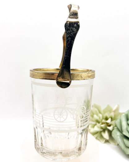 Small Valentini Glass Ice Bucket w/ Tongs & Handle Hand Cut Italian Design