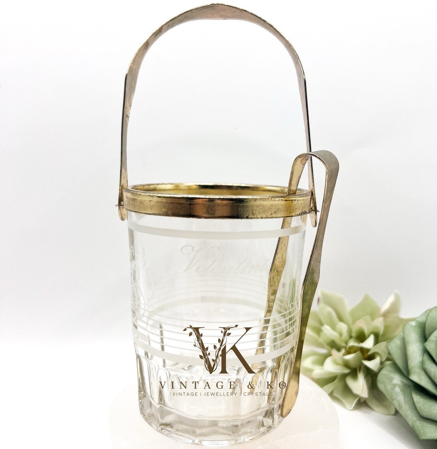 Small Valentini Glass Ice Bucket w/ Tongs & Handle Hand Cut Italian Design
