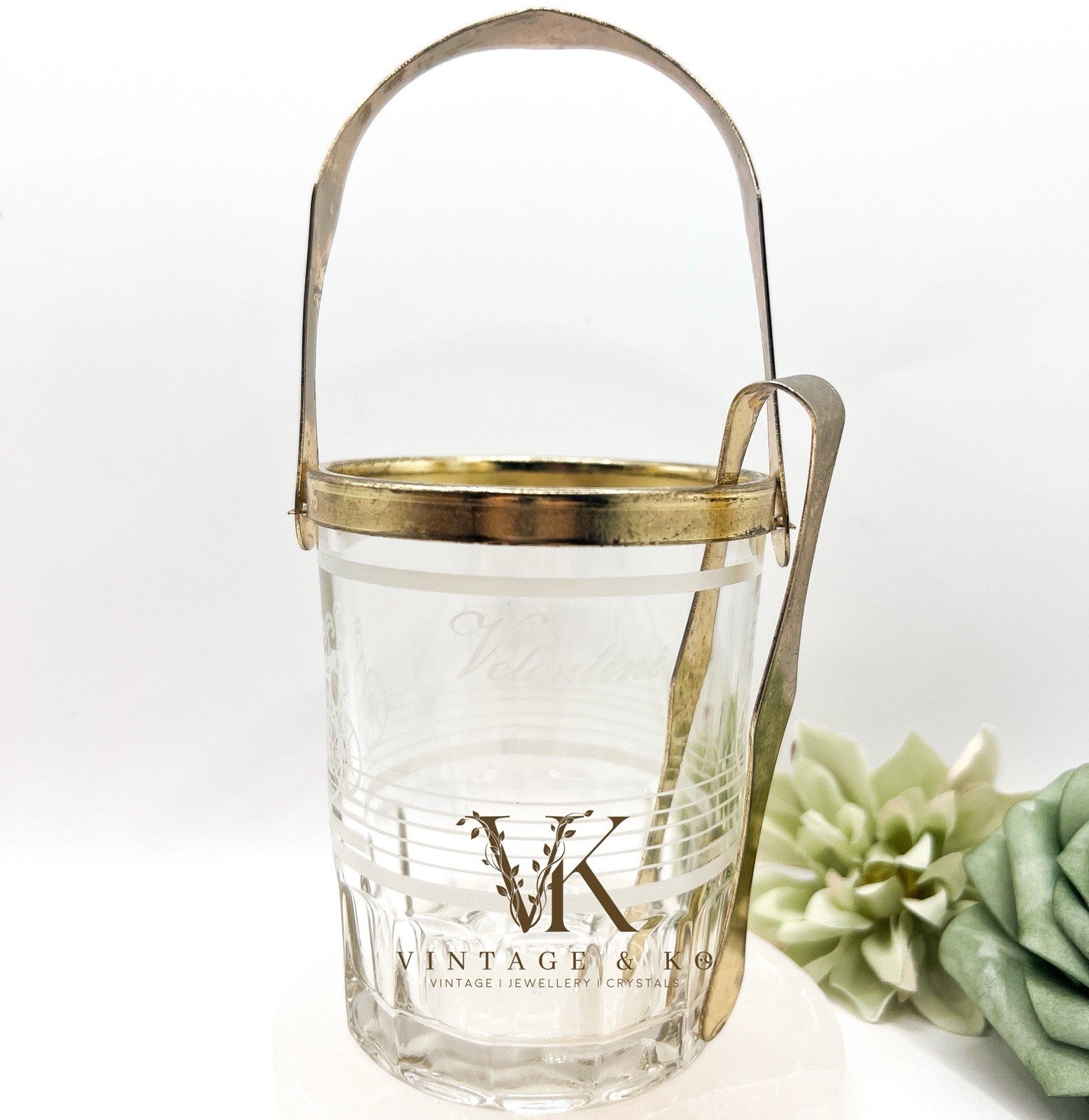 Small Valentini Glass Ice Bucket w/ Tongs & Handle Hand Cut Italian Design