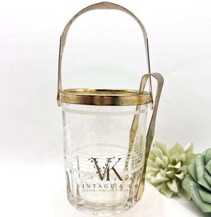 Small Valentini Glass Ice Bucket w/ Tongs & Handle Hand Cut Italian Design