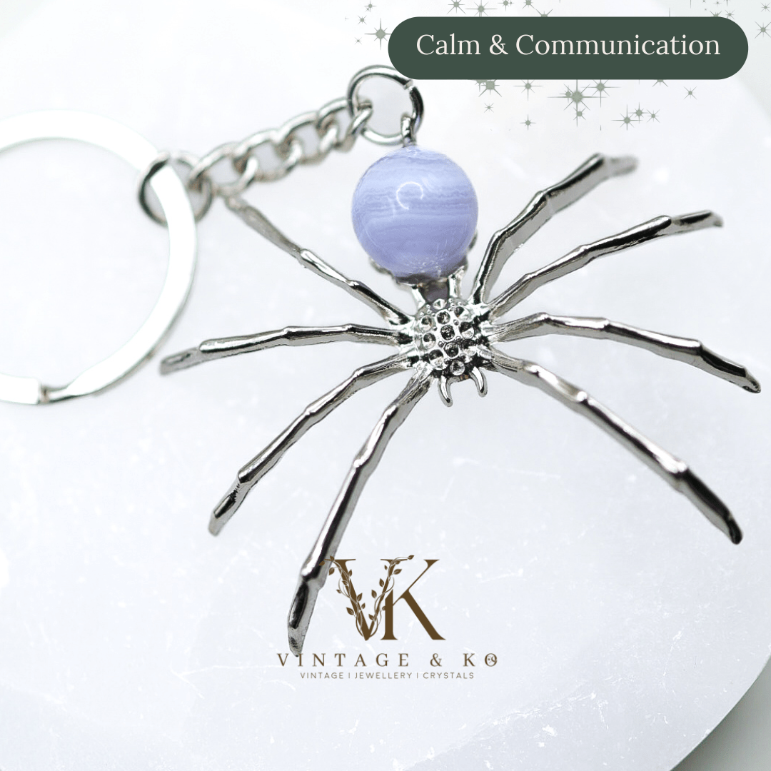 Spooky Blue Lace Agate Spider Keychain