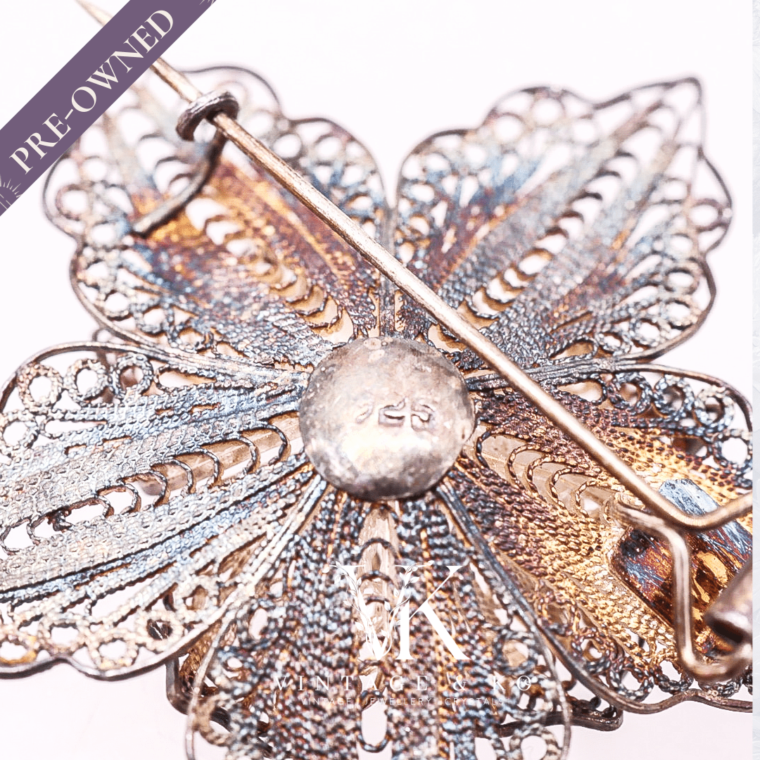 Unique Filigree Star Vintage Brooch Stamped 925 Sterling Silver