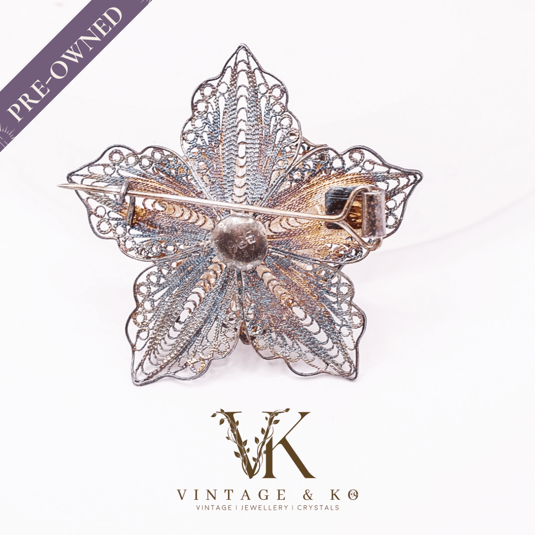 Unique Filigree Star Vintage Brooch Stamped 925 Sterling Silver
