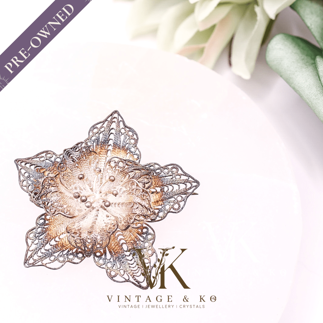 Unique Filigree Star Vintage Brooch Stamped 925 Sterling Silver