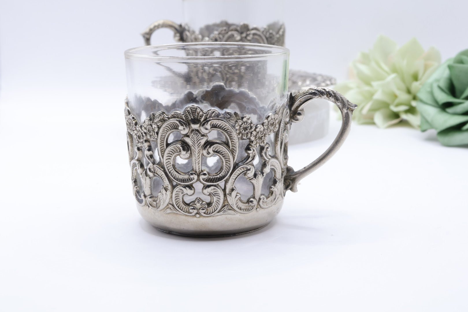 UV Reactive Vintage Polished Raimond Japan Silver Plated Espresso Cup & Saucer Set of 2