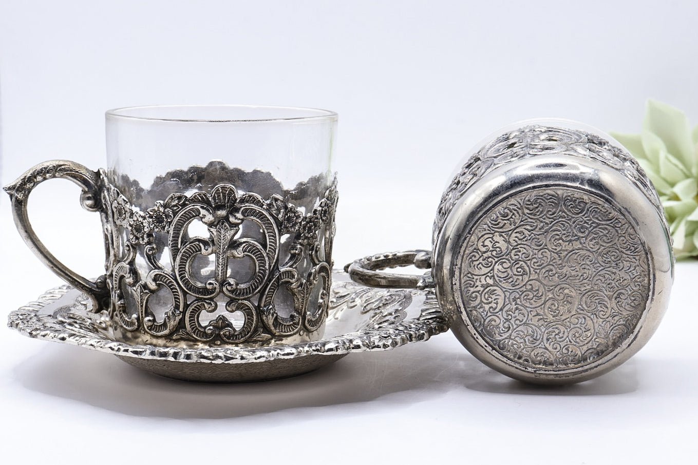 UV Reactive Vintage Polished Raimond Japan Silver Plated Espresso Cup & Saucer Set of 2