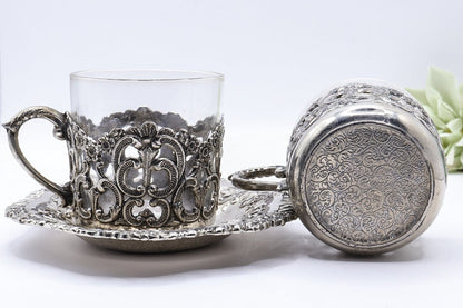 UV Reactive Vintage Polished Raimond Japan Silver Plated Espresso Cup & Saucer Set of 2