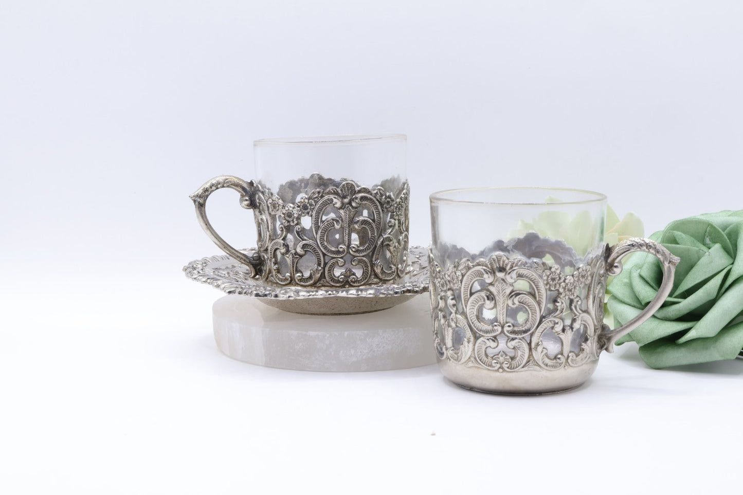 UV Reactive Vintage Polished Raimond Japan Silver Plated Espresso Cup & Saucer Set of 2