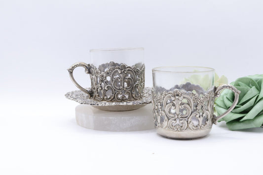 UV Reactive Vintage Polished Raimond Japan Silver Plated Espresso Cup & Saucer Set of 2