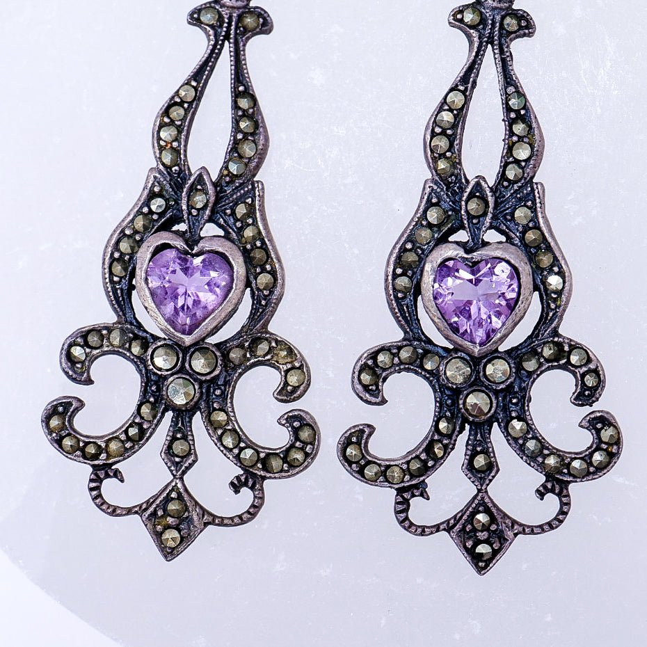 Vintage 925 Victorian Revival Marcasite & Heart Drop Earrings
