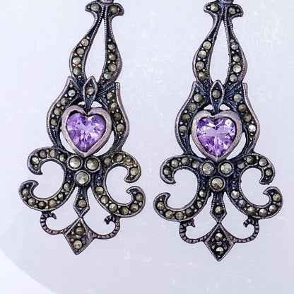 Vintage 925 Victorian Revival Marcasite & Heart Drop Earrings