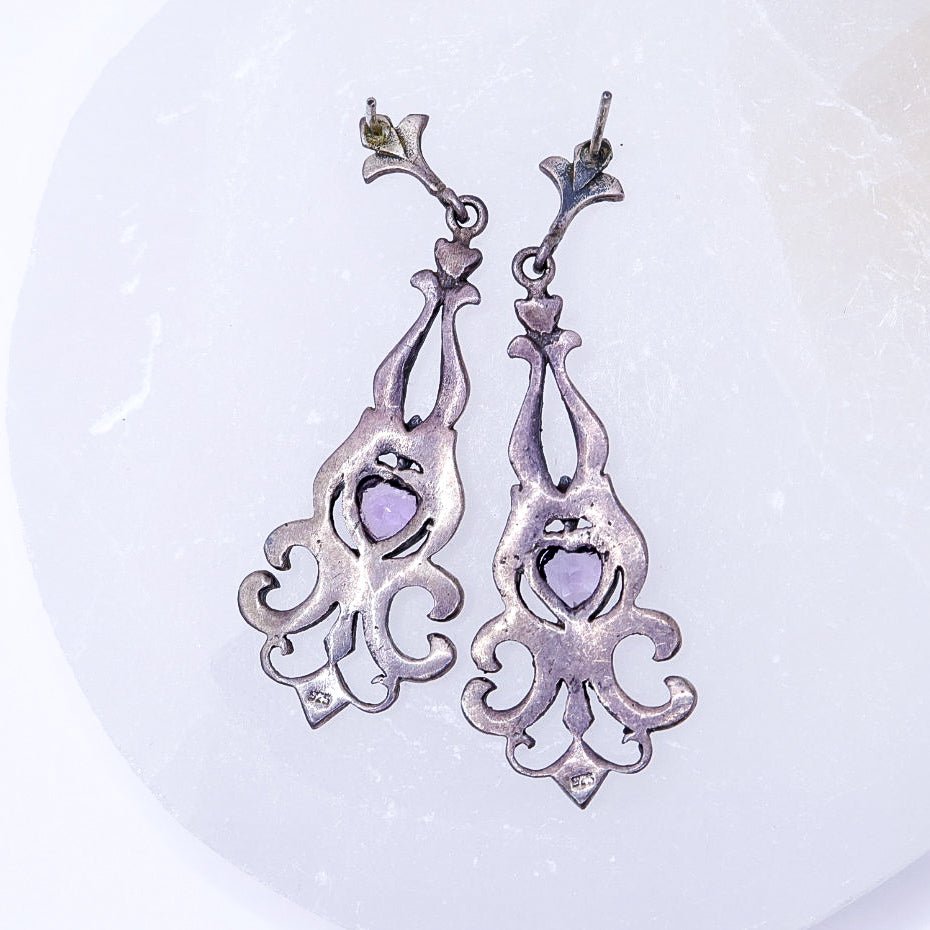 Vintage 925 Victorian Revival Marcasite & Heart Drop Earrings
