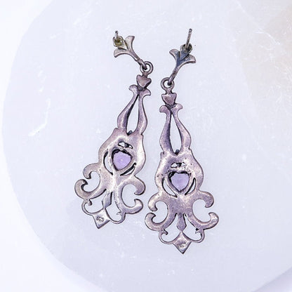 Vintage 925 Victorian Revival Marcasite & Heart Drop Earrings