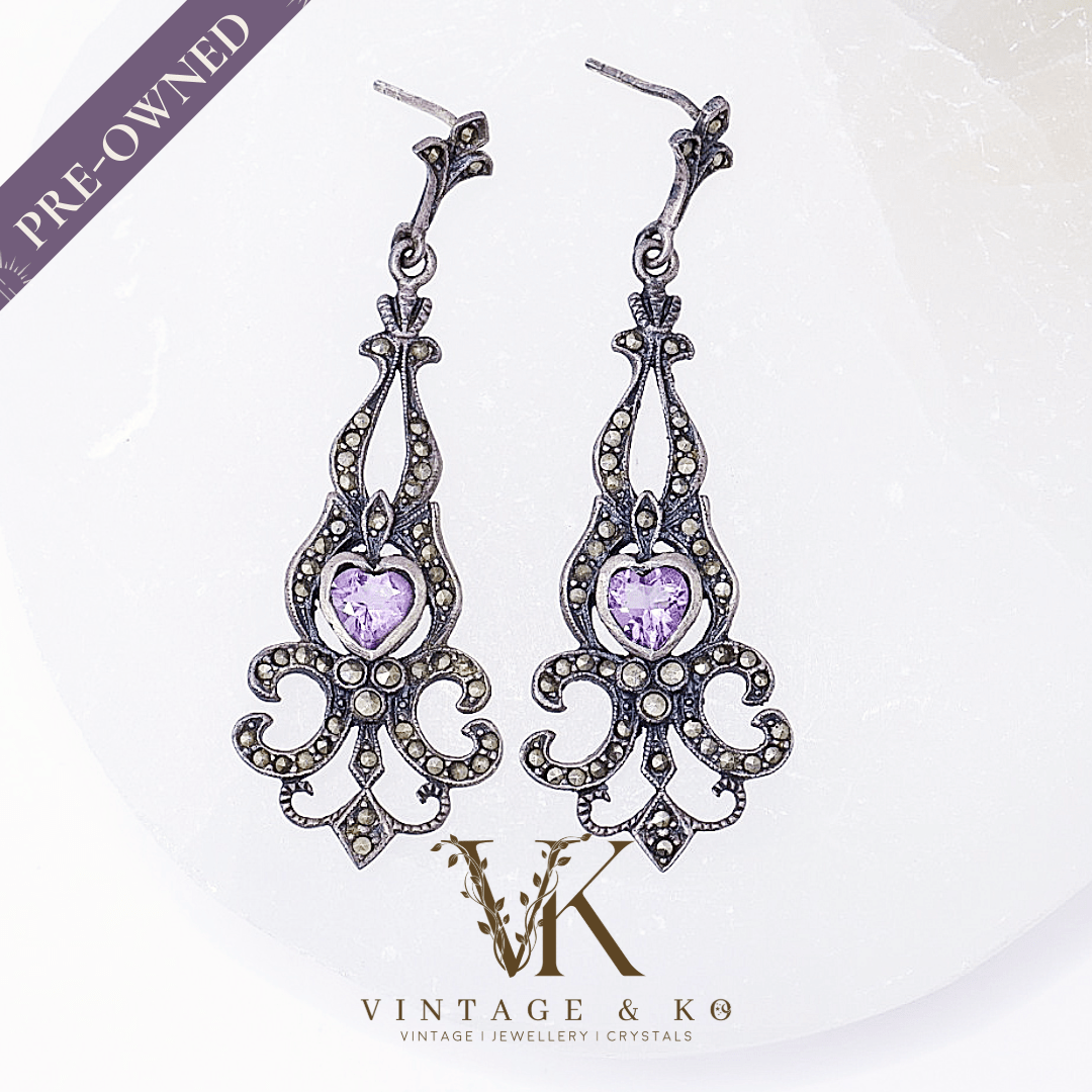 Vintage 925 Victorian Revival Marcasite & Heart Drop Earrings