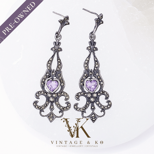 Vintage 925 Victorian Revival Marcasite & Heart Drop Earrings