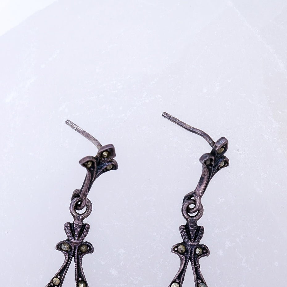 Vintage 925 Victorian Revival Marcasite & Heart Drop Earrings