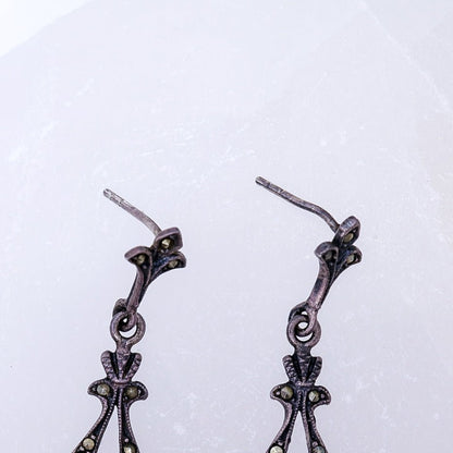 Vintage 925 Victorian Revival Marcasite & Heart Drop Earrings