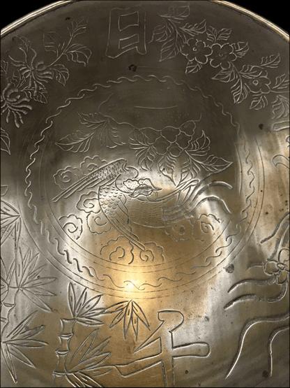 Vintage Asian Brass Tray – 38cm Raised Rim with Hand - Etched Motif & Timeworn Patina