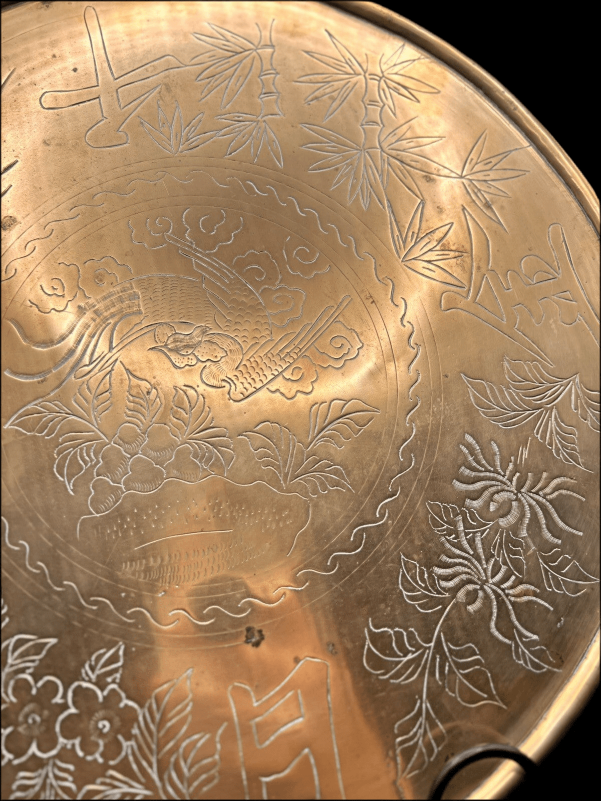 Vintage Asian Brass Tray – 38cm Raised Rim with Hand - Etched Motif & Timeworn Patina