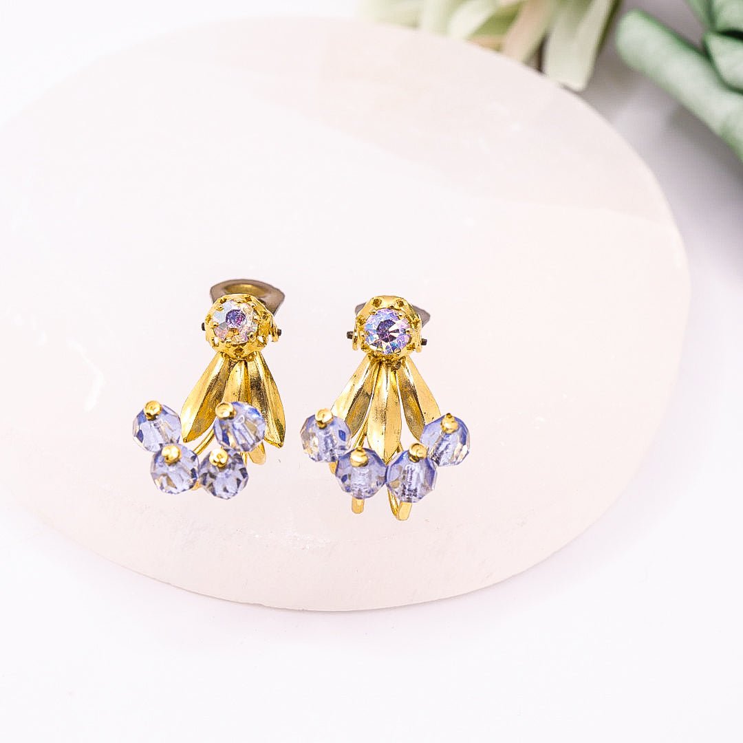 Vintage Blue & Gold Toned Beaded Clip On Earrings