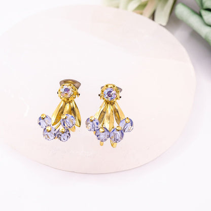 Vintage Blue & Gold Toned Beaded Clip On Earrings