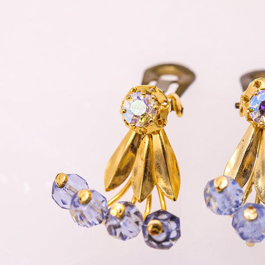 Vintage Blue & Gold Toned Beaded Clip On Earrings