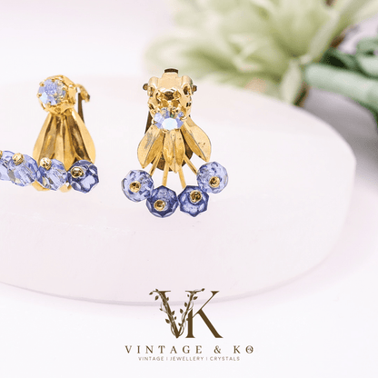 Vintage Blue & Gold Toned Beaded Clip On Earrings