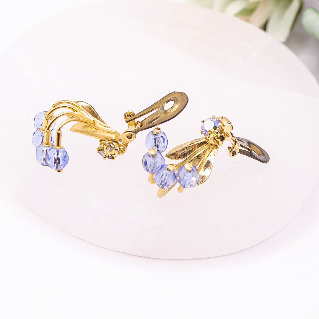 Vintage Blue & Gold Toned Beaded Clip On Earrings