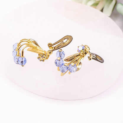 Vintage Blue & Gold Toned Beaded Clip On Earrings