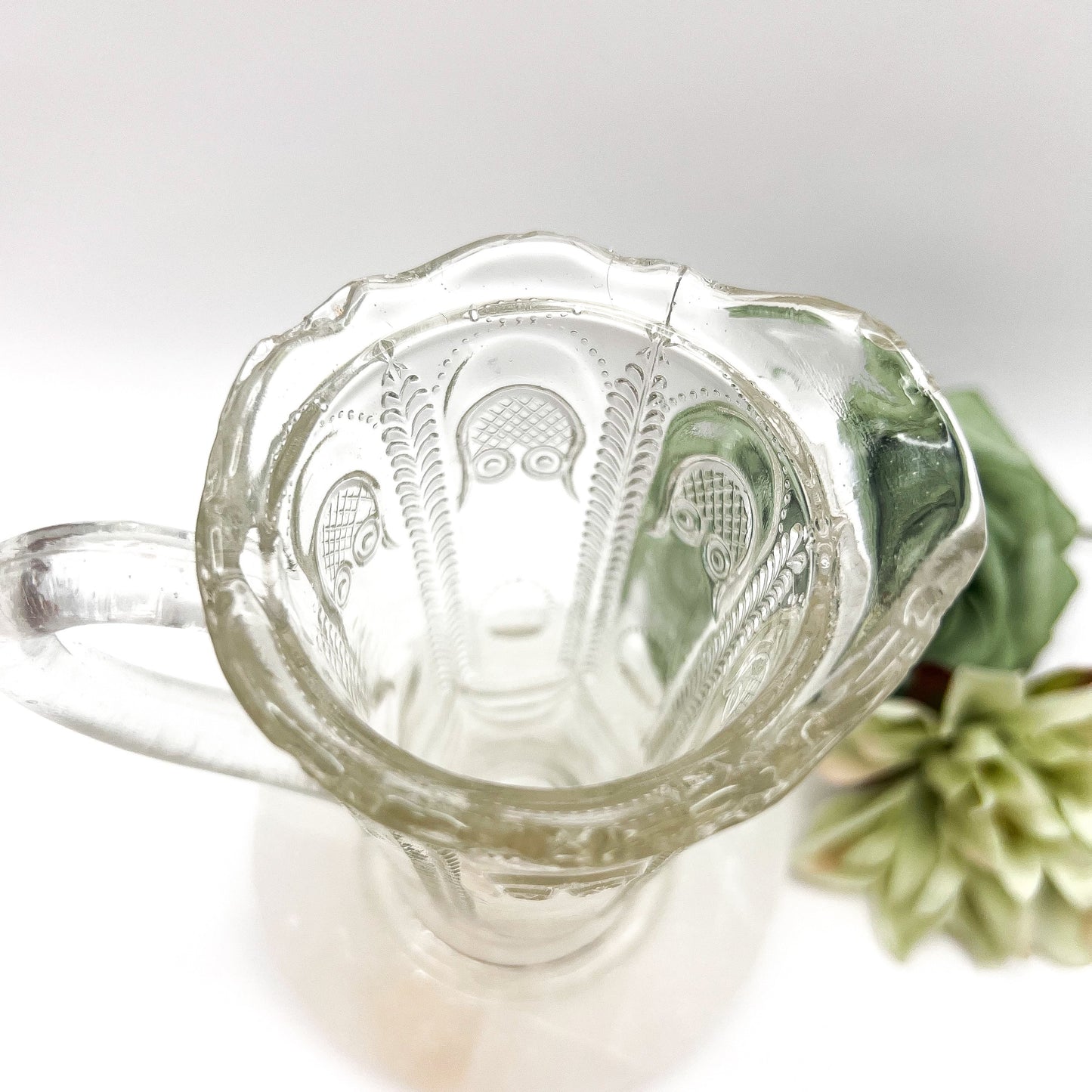 Vintage Depression Glass Owl & Feather Jug - No Lid