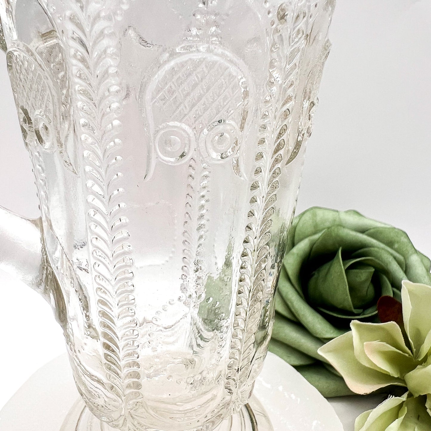 Vintage Depression Glass Owl & Feather Jug - No Lid