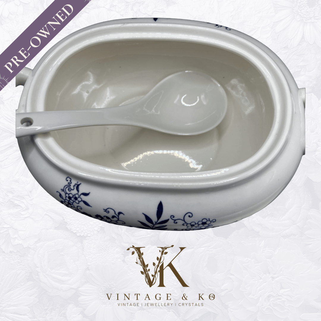 Vintage Floral Tureen Japanese Yanodento Glazed Blue & White with Large Ladle