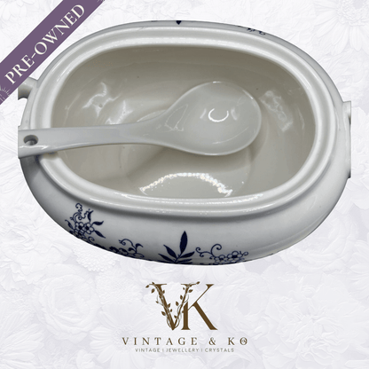 Vintage Floral Tureen Japanese Yanodento Glazed Blue & White with Large Ladle