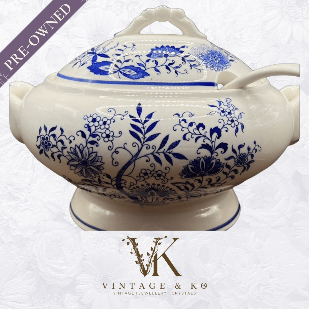 Vintage Floral Tureen Japanese Yanodento Glazed Blue & White with Large Ladle